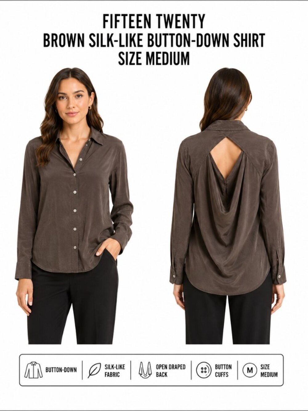 FIFTEEN TWENTY BROWN SILK-LIKE DRAPE BACK BUTTON-DOWN BLOUSE SIZE M